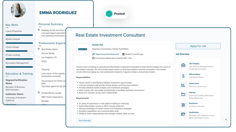Horizon Hub resume profile and jobs board mockup