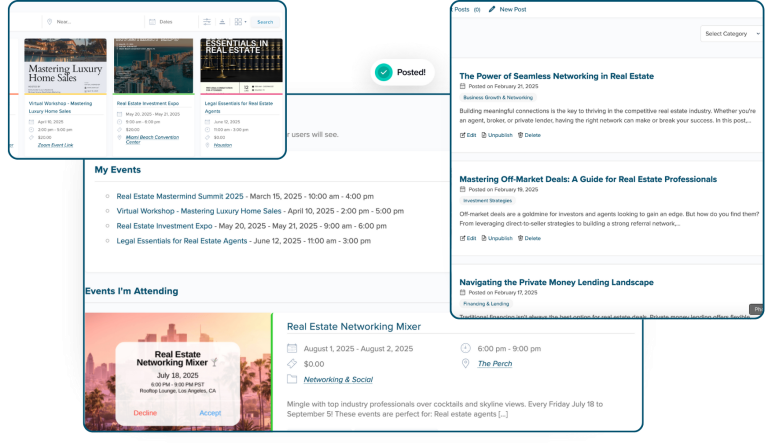 Horizon Hub events and member blog interface mockup